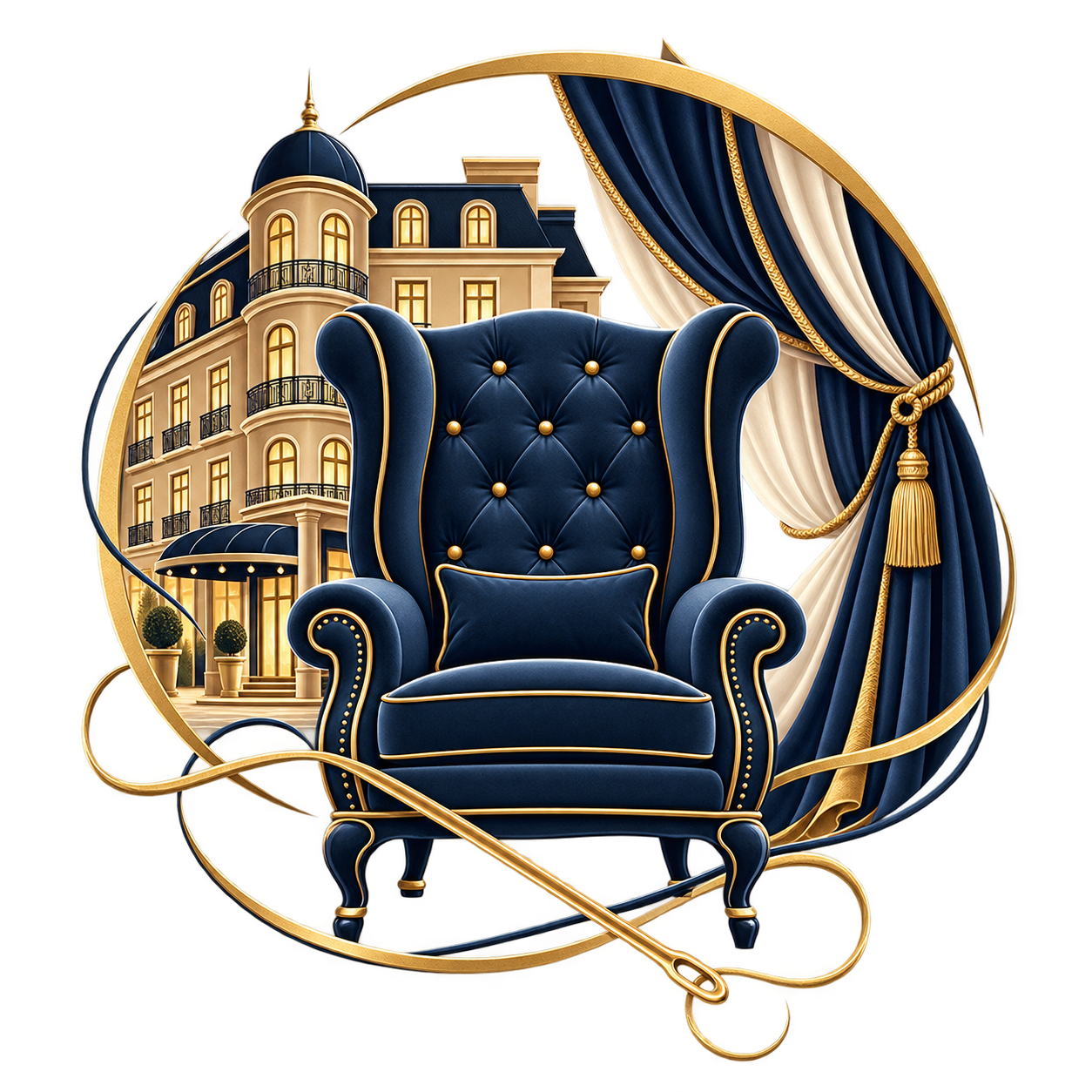 Emblem mit Ohrensessel, Hotel, Fensterdekoration sowie Nadel und Faden